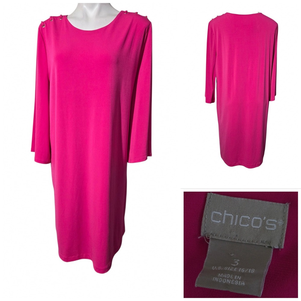 Chicos Shift Dress Pink Long Sleeve Button Shoulder Size 3/US 16-18